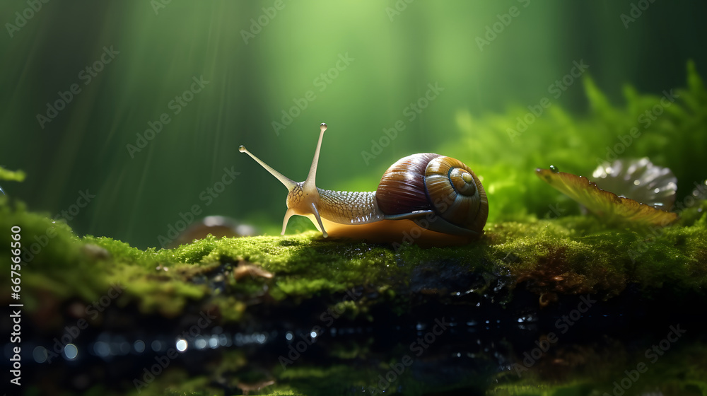 Macro photo of snail on mossy wood in rainy forest, snail on green natural background