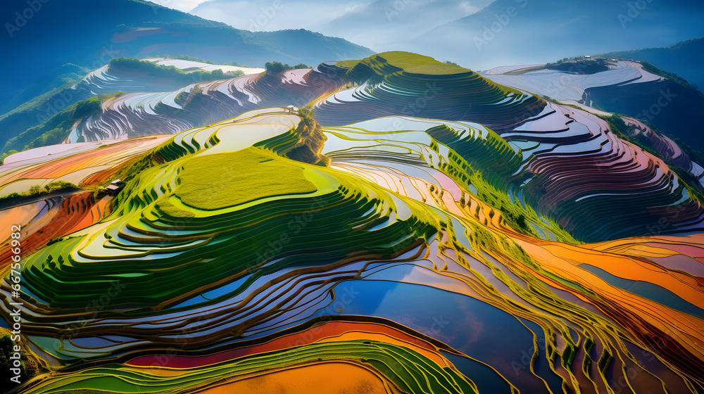 colorful Rice fields on terraced in Mu cang chai, Vietnam Rice field, Majestical contours and patchwork curves of efficient Vietnamese agriculture land. Immense plantation drone birds eye view, 