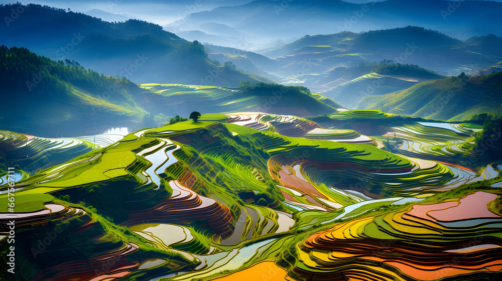 colorful Rice fields on terraced in Mu cang chai, Vietnam Rice field, Majestical contours and patchwork curves of efficient Vietnamese agriculture land. Immense plantation drone birds eye view, 