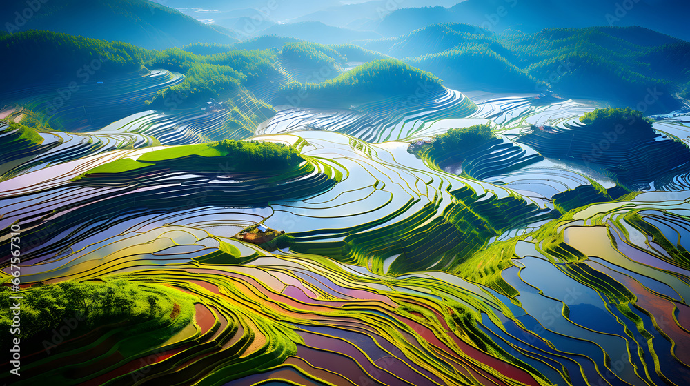 colorful Rice fields on terraced in Mu cang chai, Vietnam Rice field, Majestical contours and patchwork curves of efficient Vietnamese agriculture land. Immense plantation drone birds eye view, 