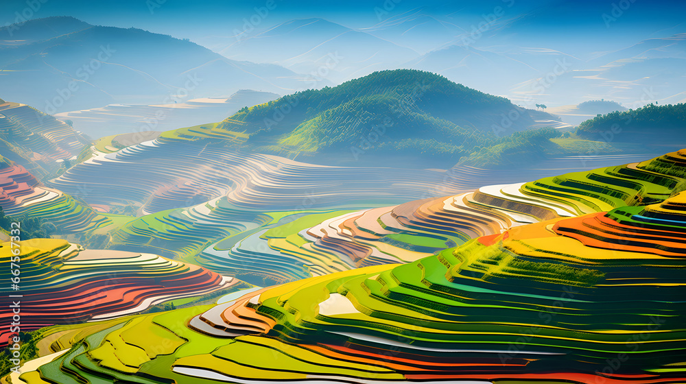 colorful Rice fields on terraced in Mu cang chai, Vietnam Rice field, Majestical contours and patchwork curves of efficient Vietnamese agriculture land. Immense plantation drone birds eye view, 