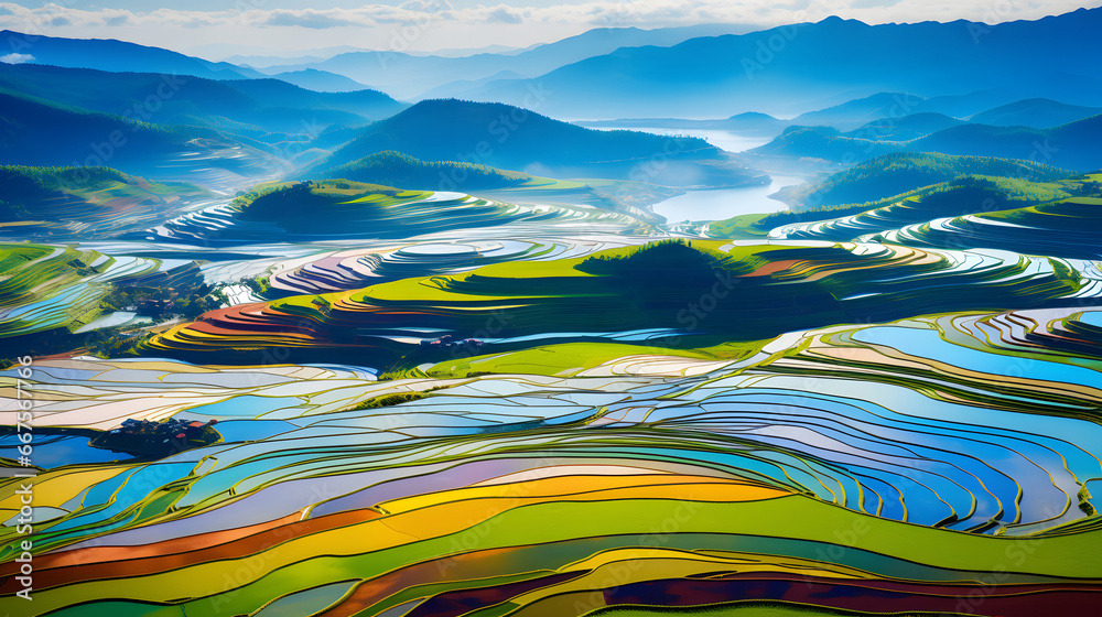 colorful Rice fields on terraced in Mu cang chai, Vietnam Rice field, Majestical contours and patchwork curves of efficient Vietnamese agriculture land. Immense plantation drone birds eye view, 