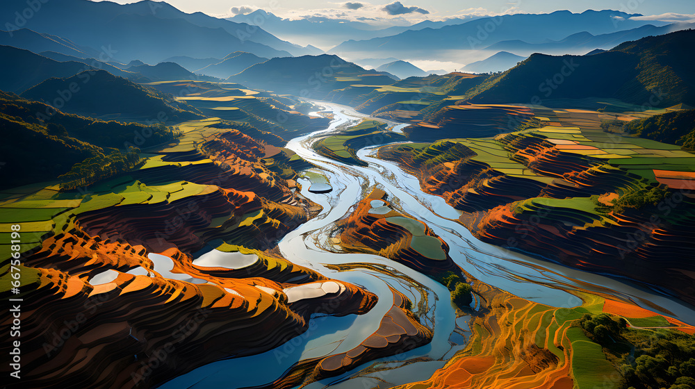 colorful Rice fields on terraced in Mu cang chai, Vietnam Rice field, Majestical contours and patchwork curves of efficient Vietnamese agriculture land. Immense plantation drone birds eye view, 