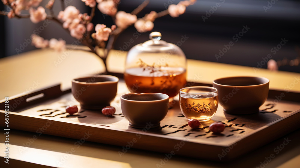 Tea ceremony, traditional teapot and ceramic cups on wooden tray on dark background with sakura blossoms. Generative AI