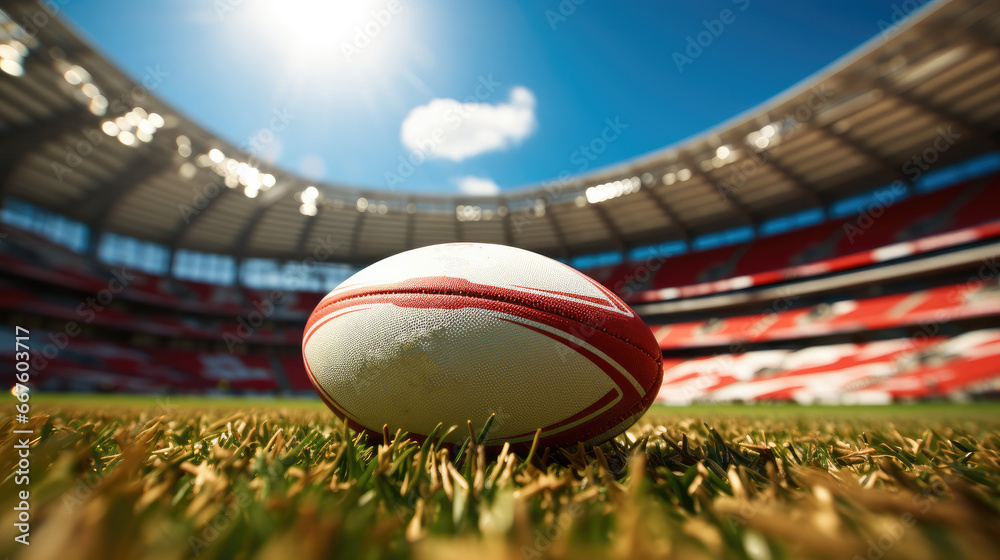 A rugby ball in a professional soccer stadium.