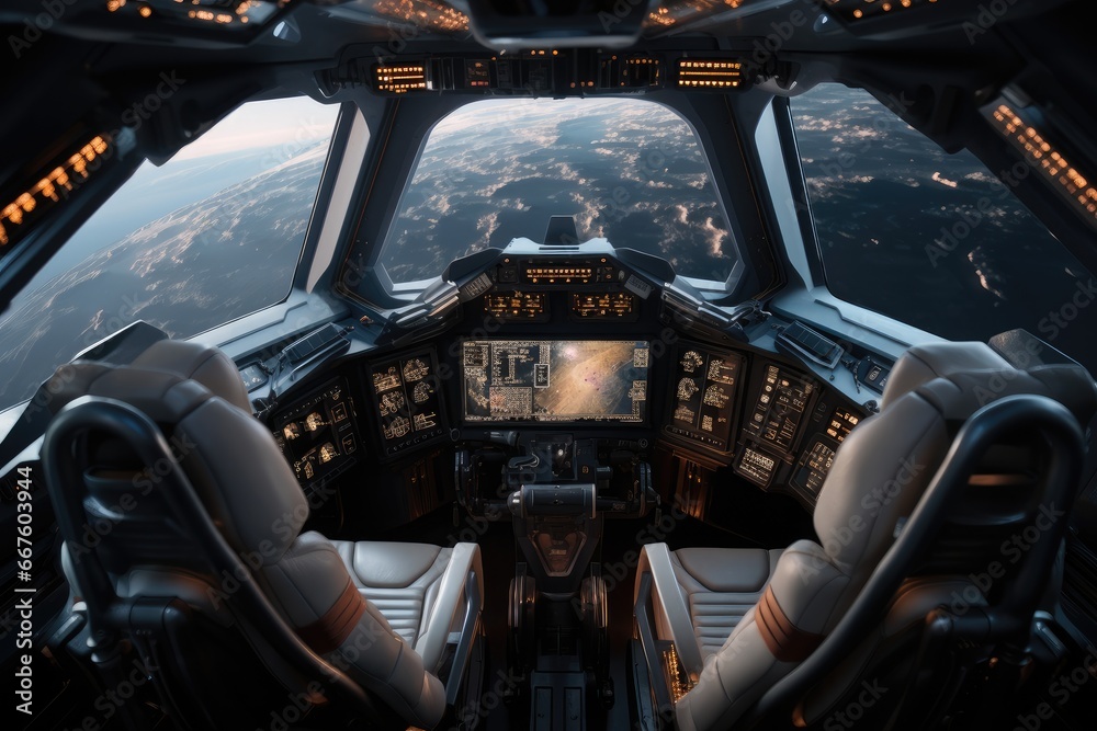 A spaceship cockpit that combines futuristic technology and design.