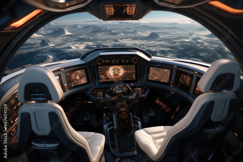 A spaceship cockpit that combines futuristic technology and design.