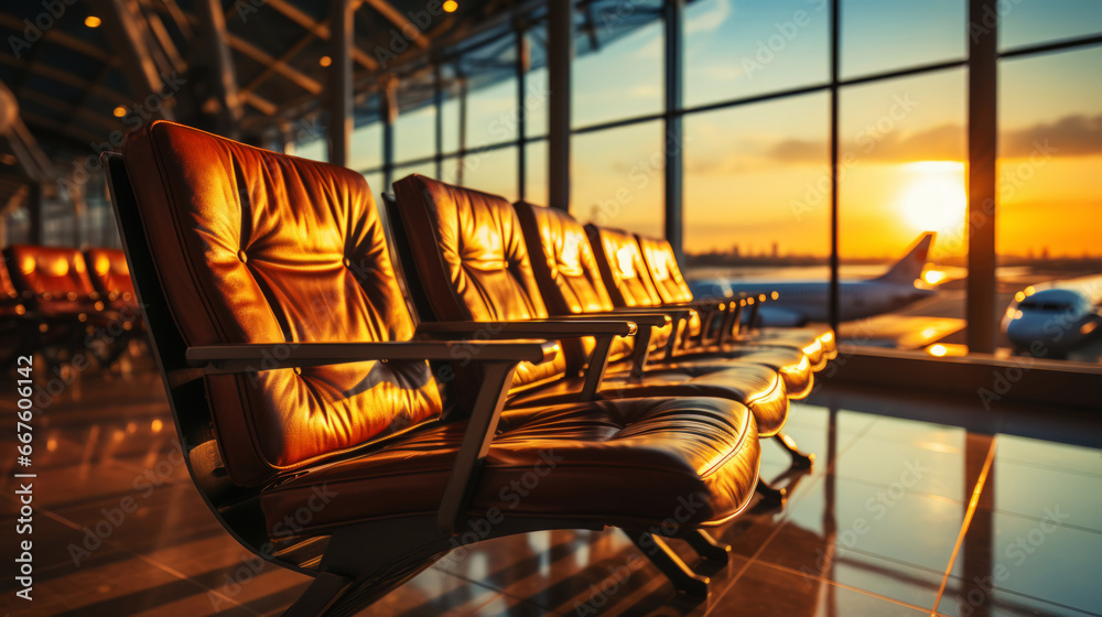 Empty chairs in the departure hall at airport with golden sunset rays. Travel, transportation concept. Generative AI