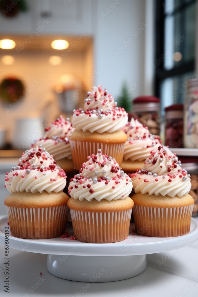 Beautiful cupcakes on white kitchen.