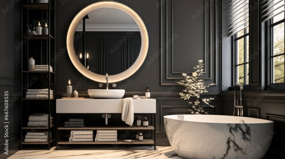 Elegant white and black bathroom with round mirror.