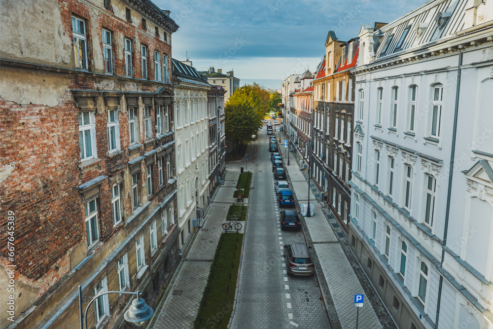 Dolne Miasto district in Gdańsk. Beautiful streets, old buildings, the Motława River. Morning.