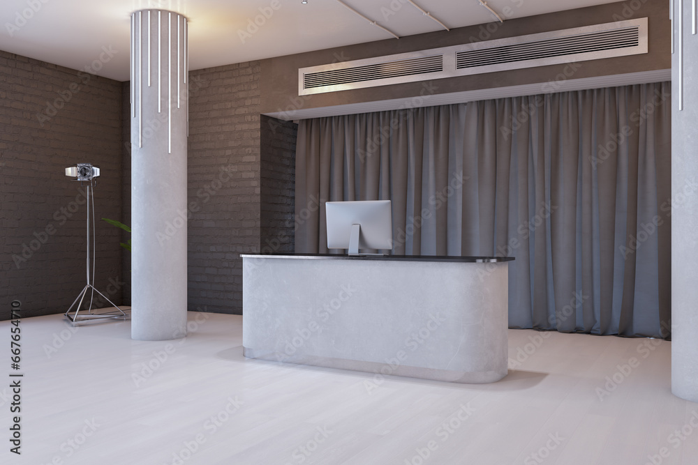 Contemporary office interior with reception desk, columns, curtain and white flooring. 3D Rendering.