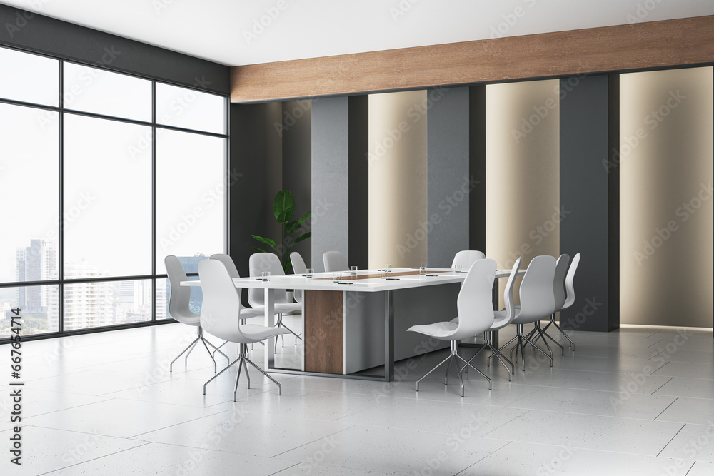 Contemporary meeting room interior with panoramic window and city view, furniture and concrete flooring. 3D Rendering.