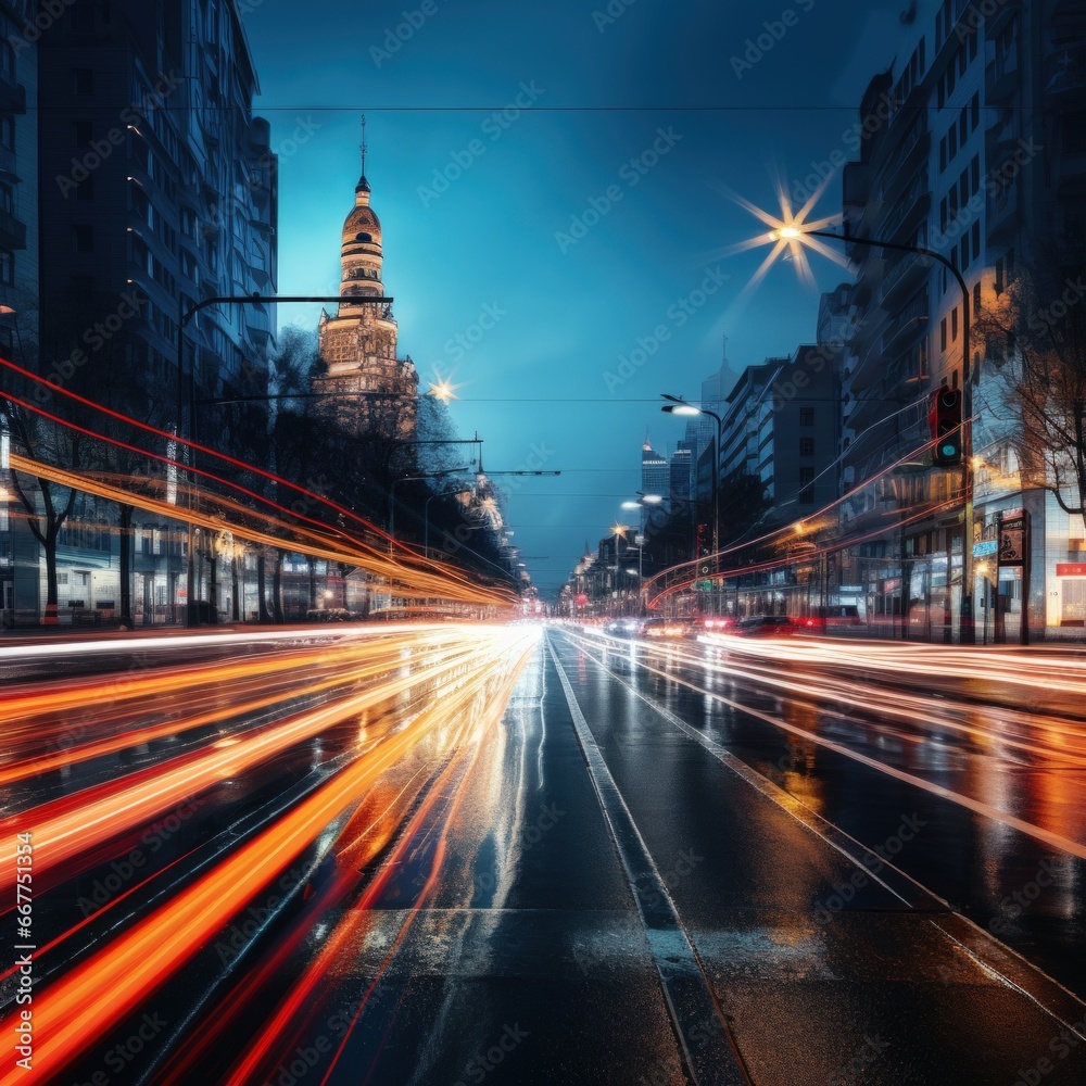 long exposure shot of a busy city street at night.