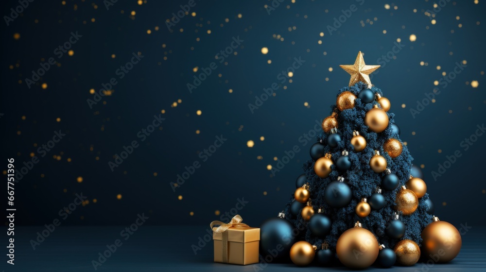 Beautiful dark blue and gold Christmas Tree minimalist background