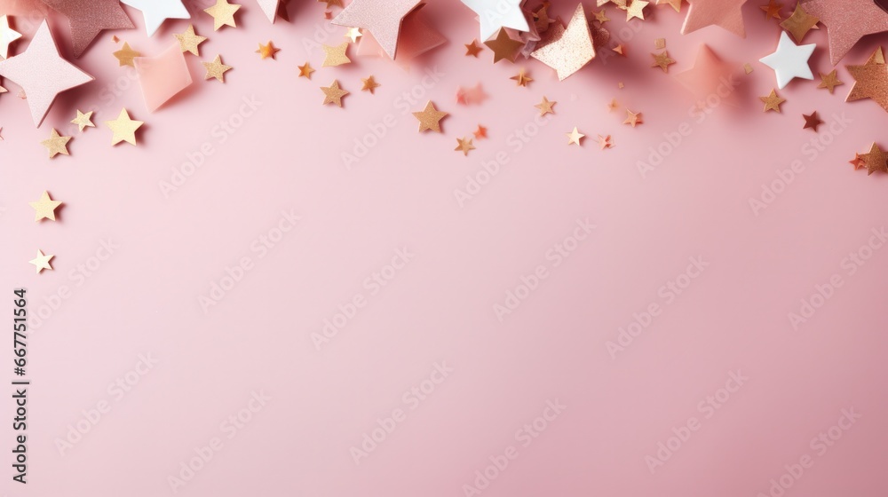 Beautiful magic minimalist pastel pink background woth gold stars