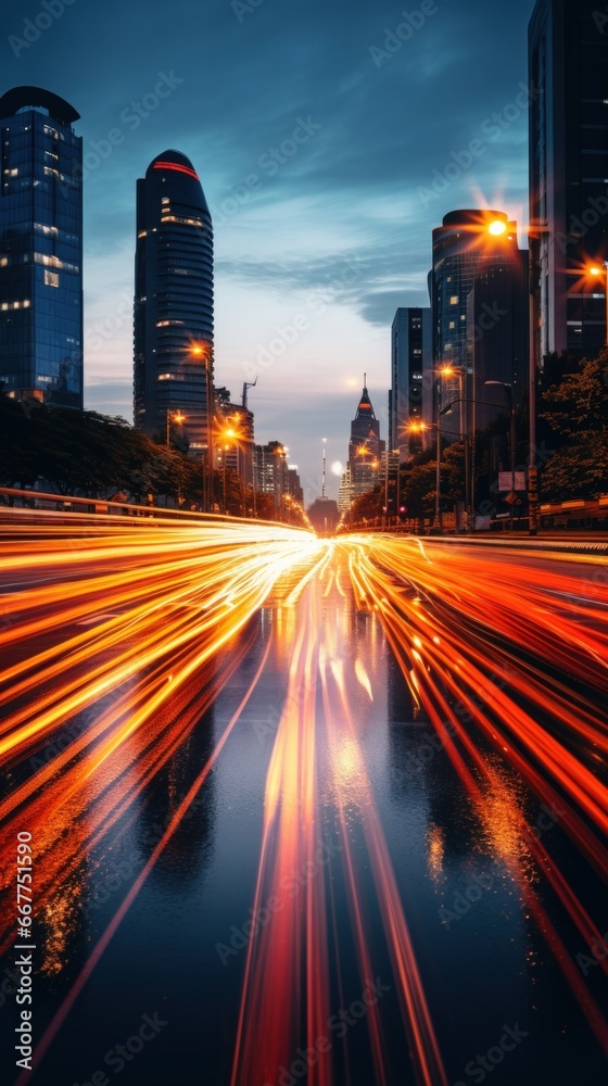 long exposure shot of a busy city street at night.