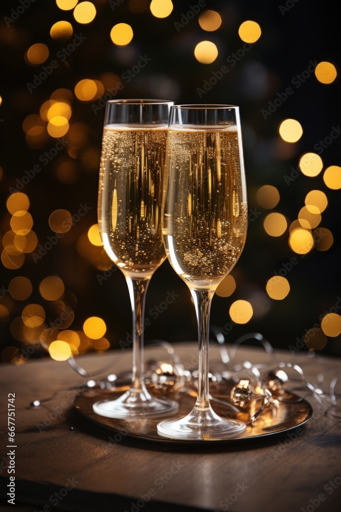 two glasses of champagne on a tray in the style of bokeh