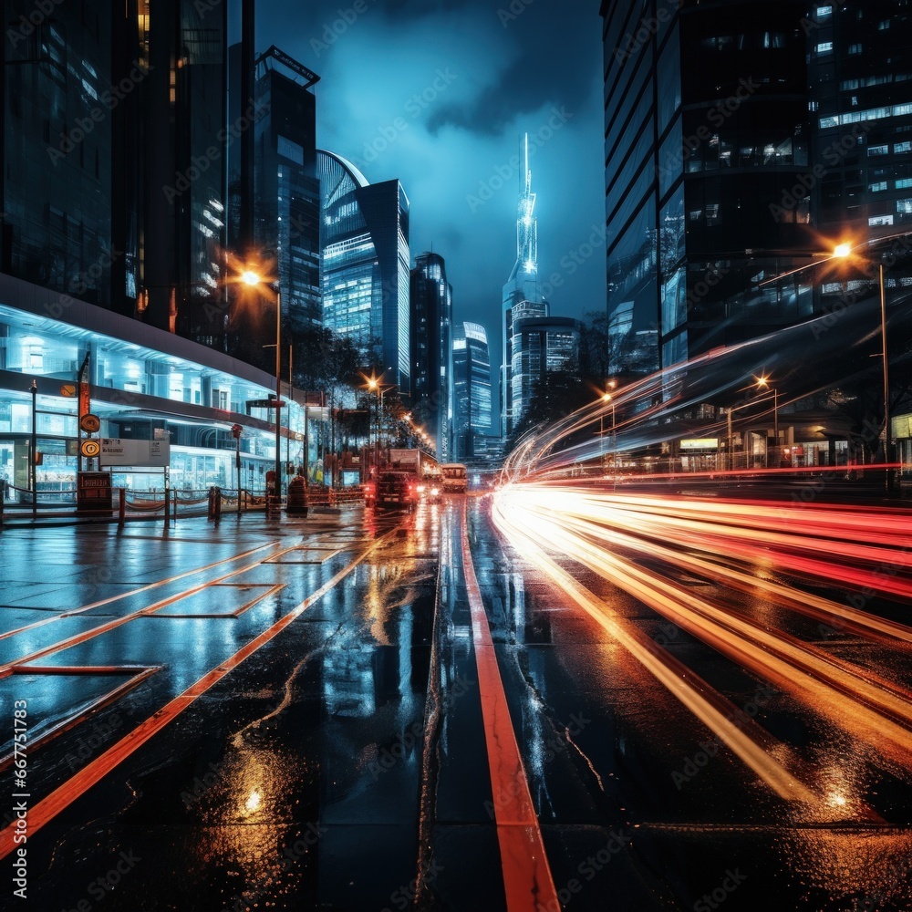 long exposure shot of a busy city street at night.