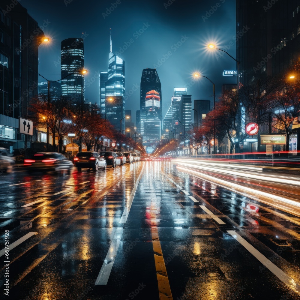 long exposure shot of a busy city street at night.