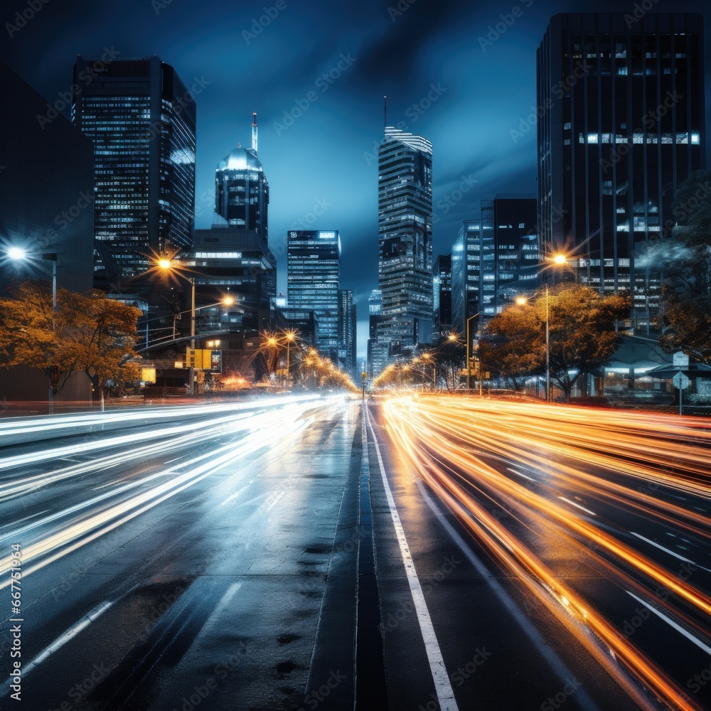 long exposure shot of a busy city street at night.