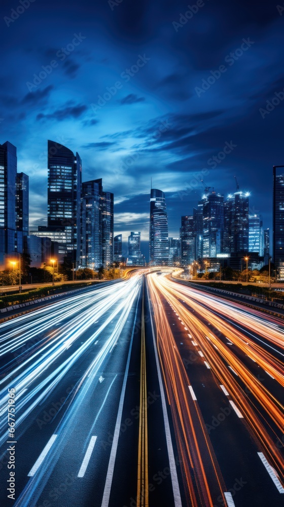 a city night road with burning car headlights