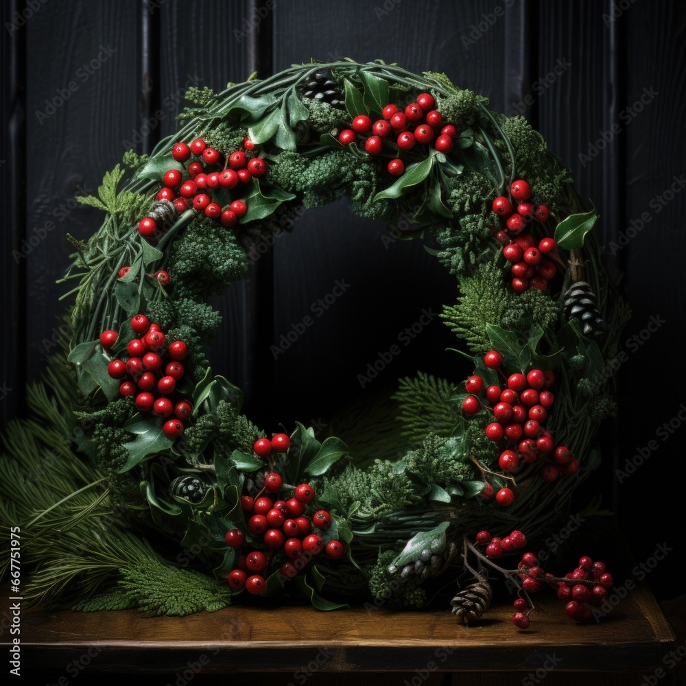 Holiday pine wreath on dark background