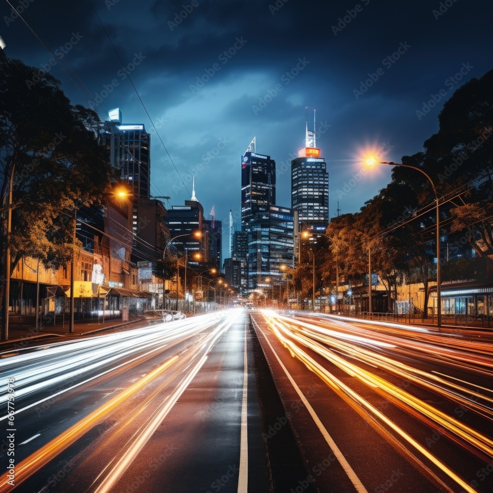 long exposure shot of a busy city street at night.