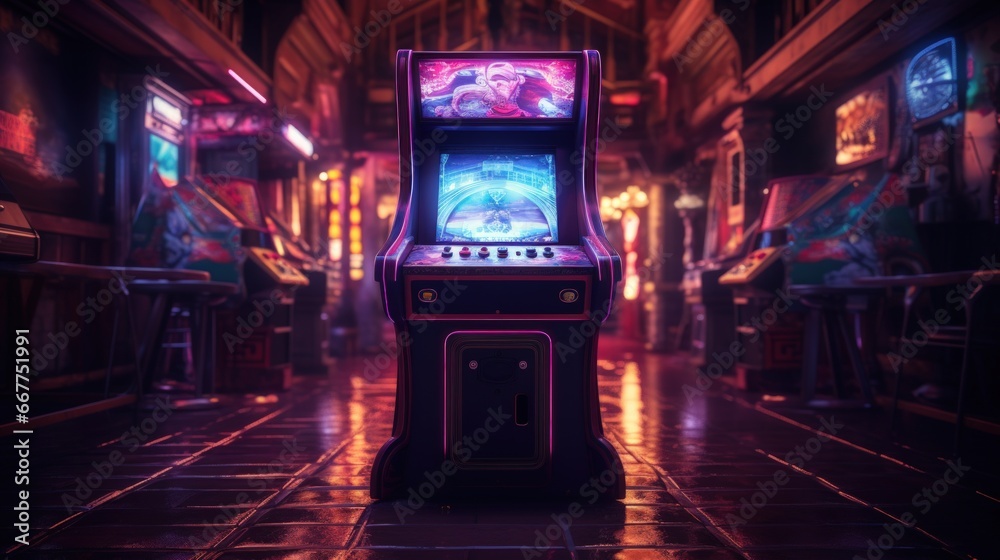 an arcade machine with neon lights that is on it