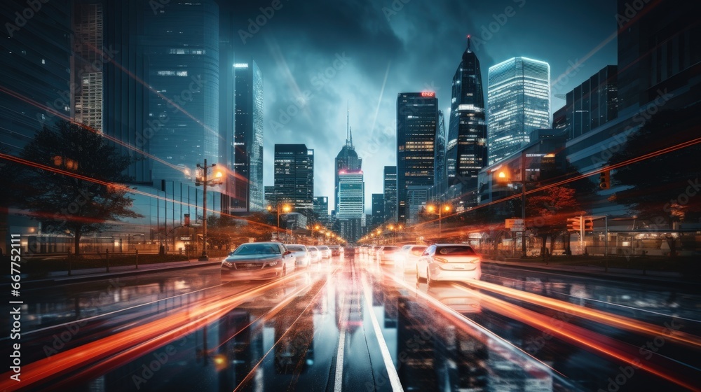 long exposure shot of a busy city street at night.