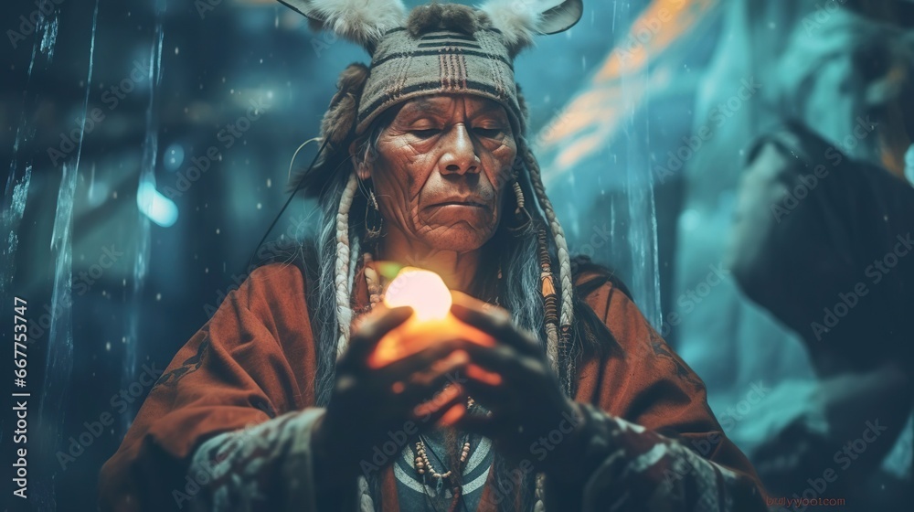 A shaman in a deep trance on a dark blue background with runes, created by Generative Ai technology.