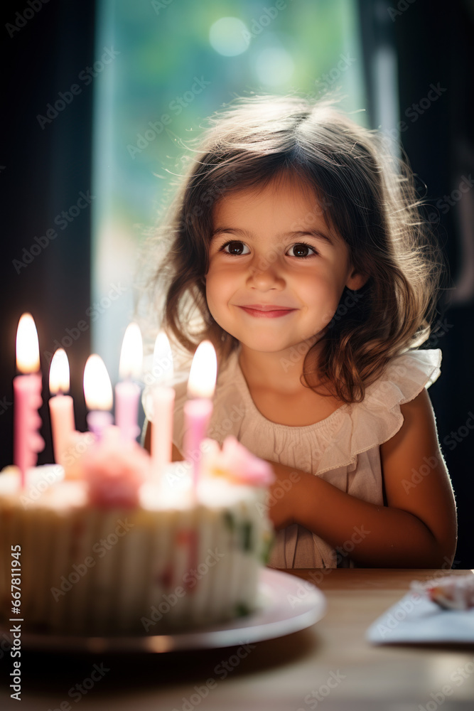 Little girl kid smiles joyfully beside her birthday cake.