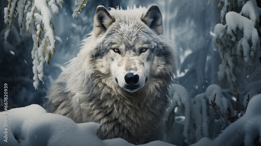 beautiful wolf in mistical winter forest