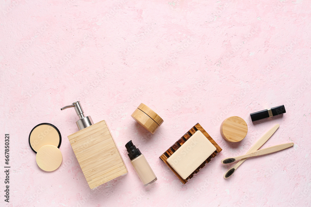 Composition with different cosmetic products and toothbrushes on color background