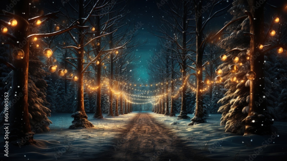 Christmas night in the forest with lights and christmas lights