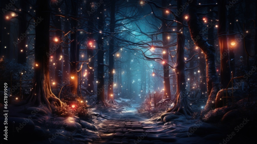 Christmas night in the forest with lights and christmas lights