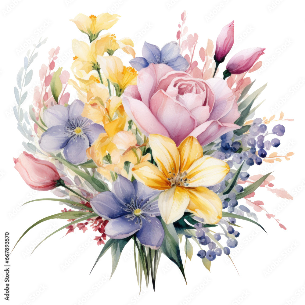 watercolor spring flowers bouqut isolated