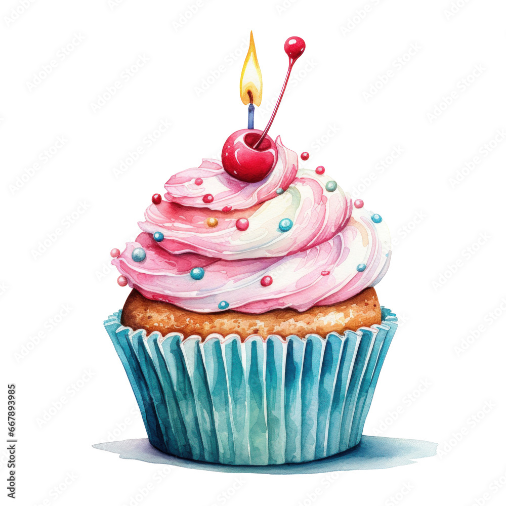 watercolor vivid birthday cupcake with candle isolated