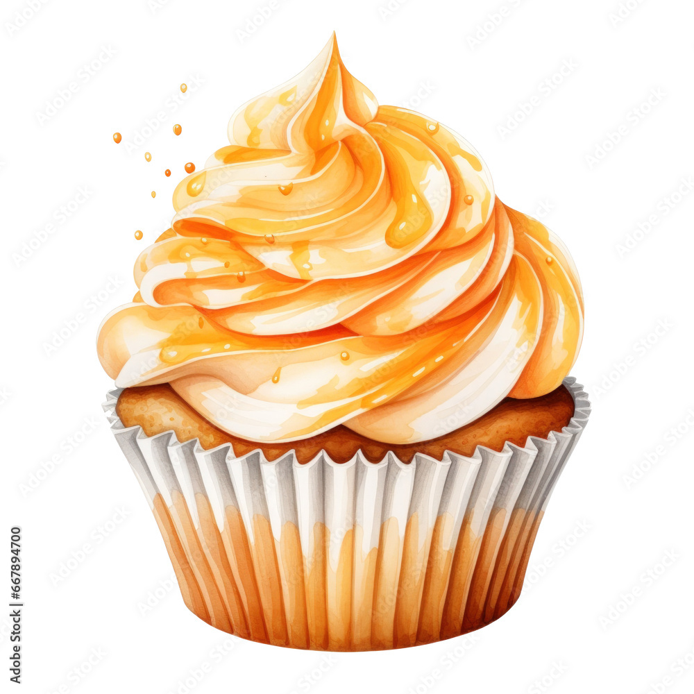 watercolor cupcake with orange isolated