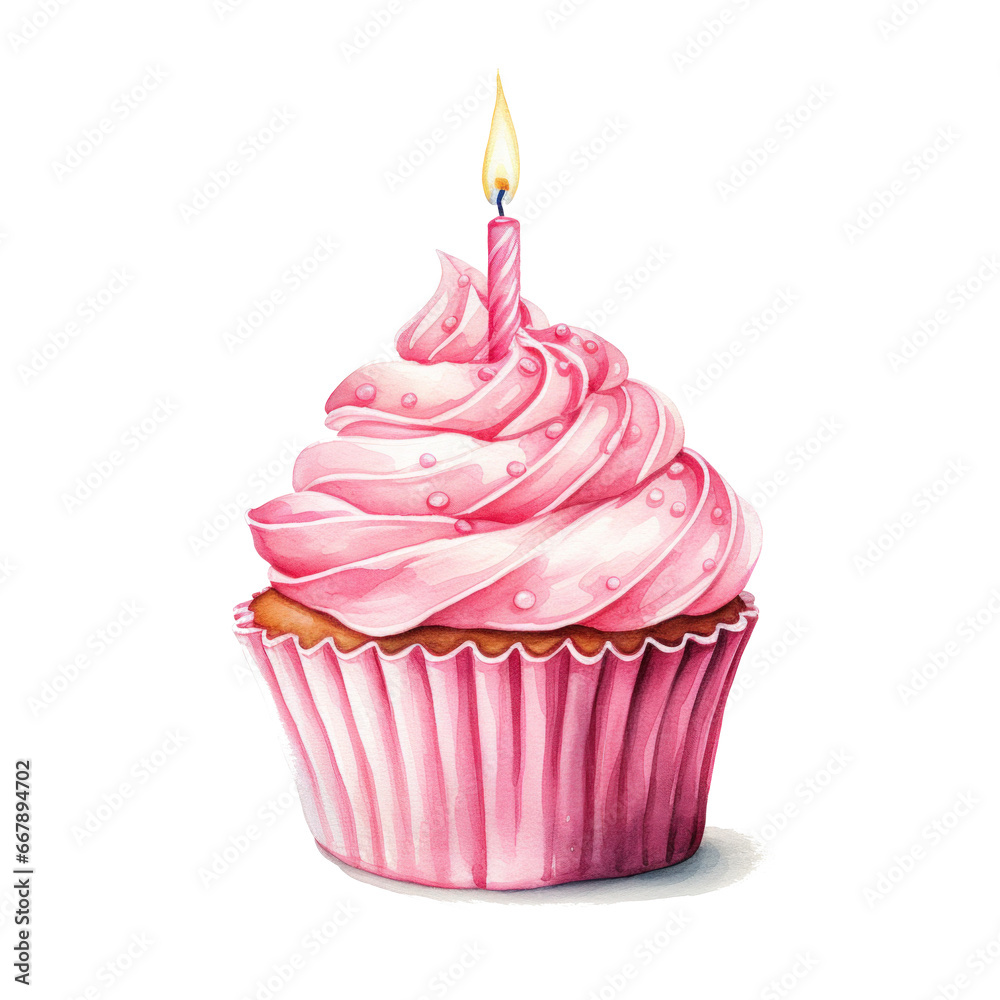 watercolor pink birthday cupcake with candle isolated