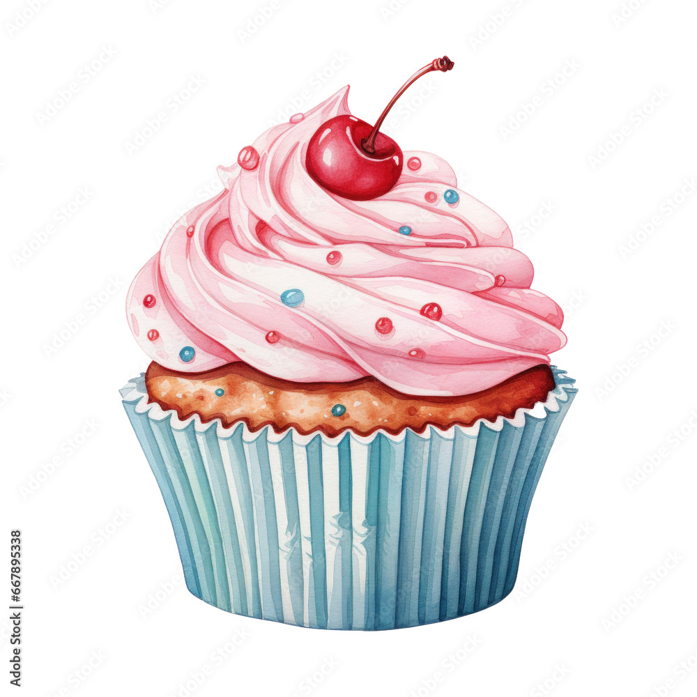 watercolor cupcake with cherry isolated