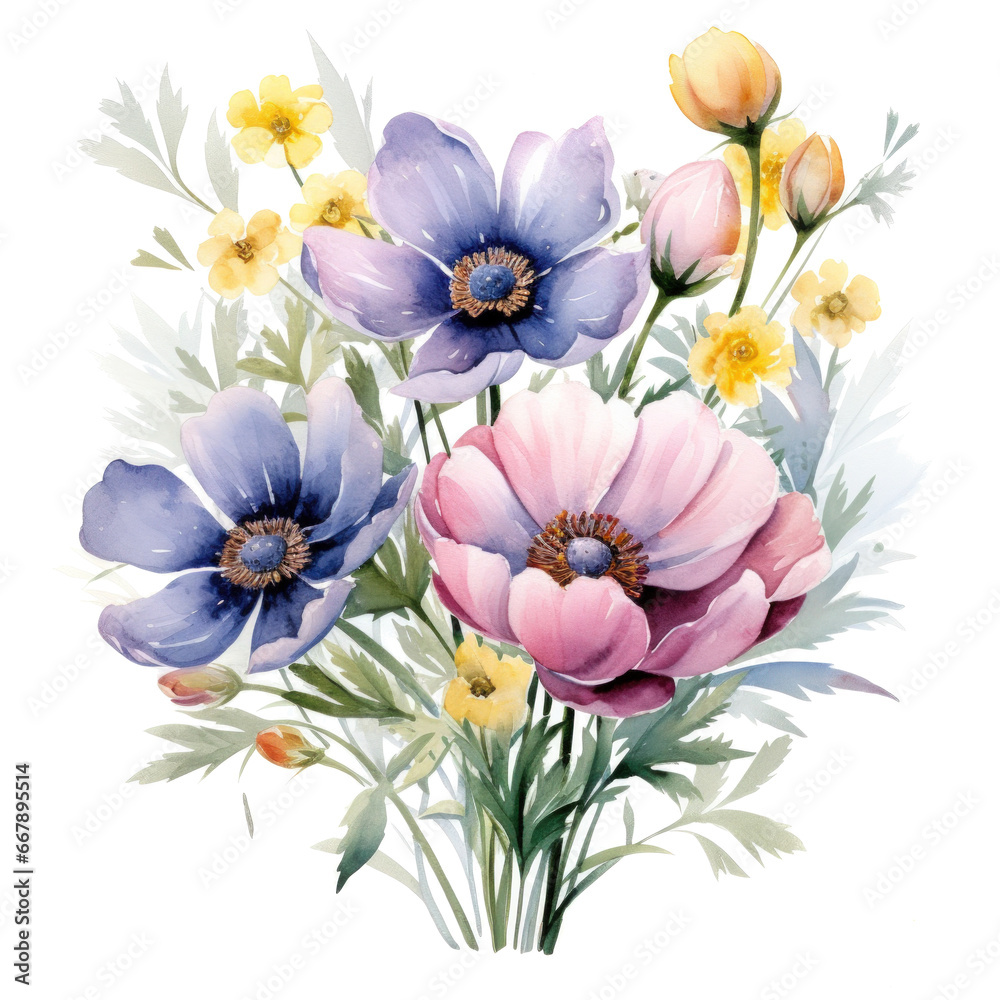 watercolor spring flowers bouqut isolated