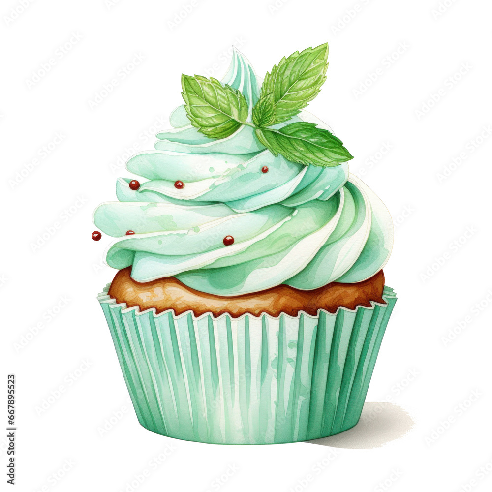 watercolor cupcake with mint isolated