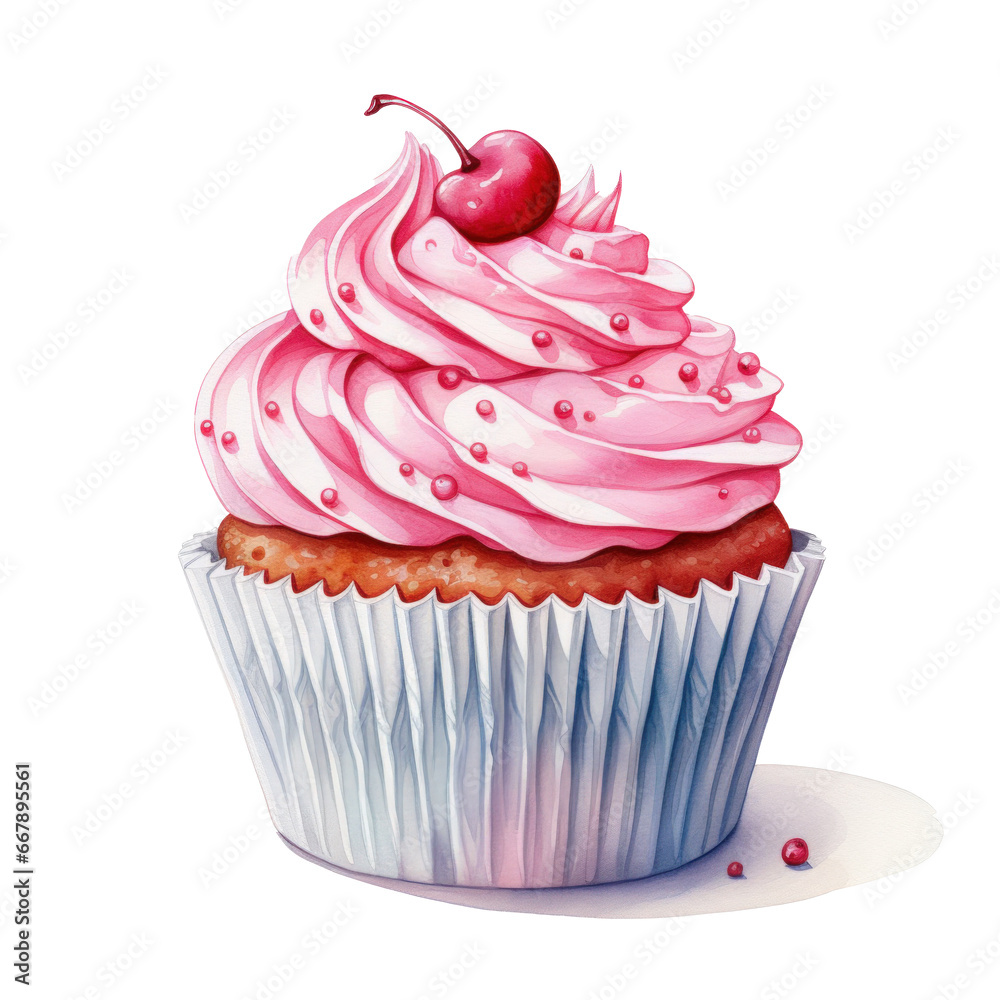 watercolor cupcake with cherry isolated