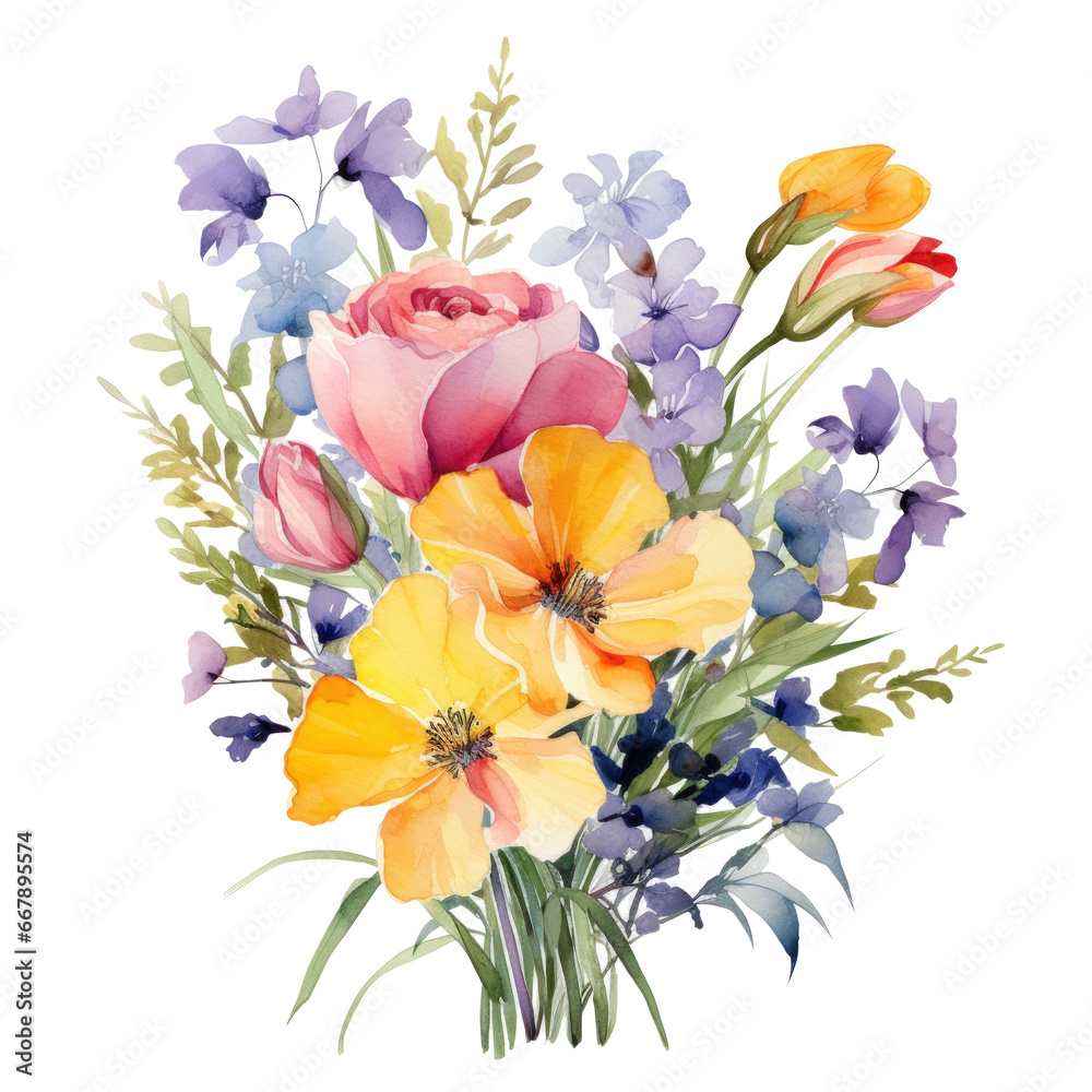 watercolor spring flowers bouqut isolated