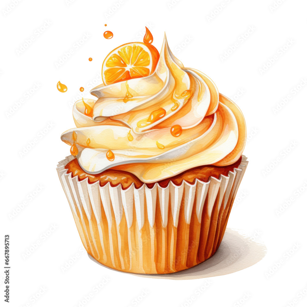 watercolor cupcake with orange isolated