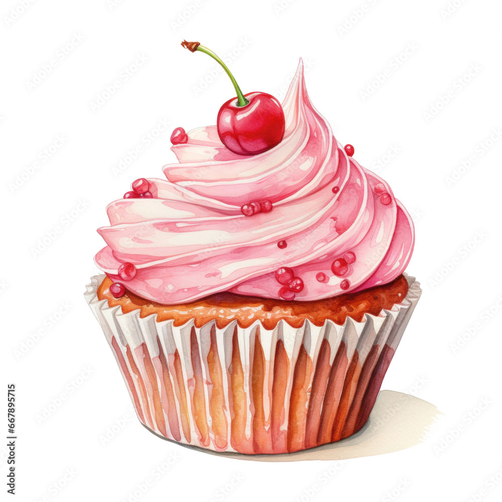 watercolor cupcake with cherry isolated