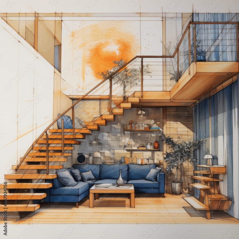 A drawing of a living room with a staircase and blue sofa. Generative AI.