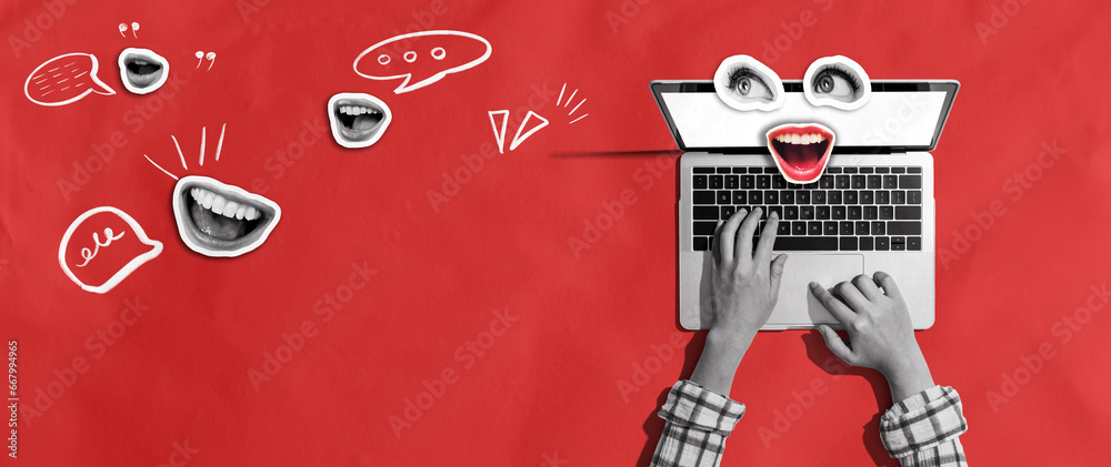 Person using a laptop computer with eyes and mouth - Photo collage design