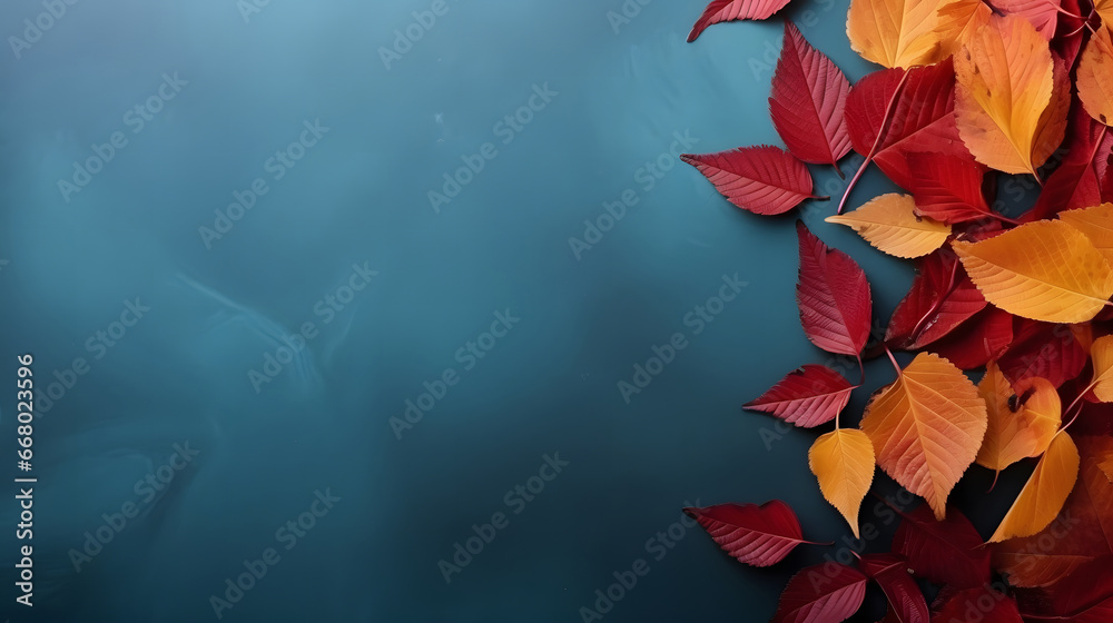 Autumn background with colored red leaves on dark blue  background with copy space for text